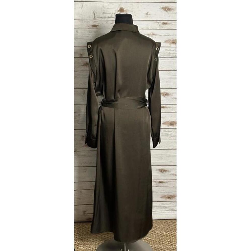 Zara olive green satin grommet detail belted Ring Trim maxi shirtdress Size M - Picture 12 of 13